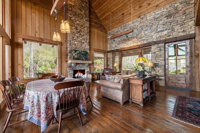 dining area with dark hardwood / wood-style flooring, plenty of natural light, high vaulted ceiling, and wooden ceiling