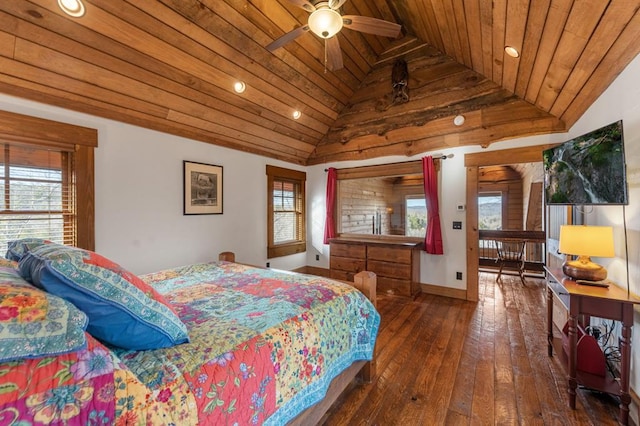 bedroom with lofted ceiling, ceiling fan, wood ceiling, and dark wood-type flooring