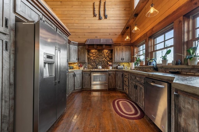 kitchen with dark wood-type flooring, decorative backsplash, wood ceiling, and appliances with stainless steel finishes