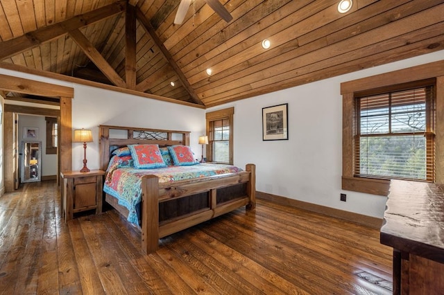 bedroom featuring wood-type flooring, recessed lighting, baseboards, vaulted ceiling with beams, and wood ceiling