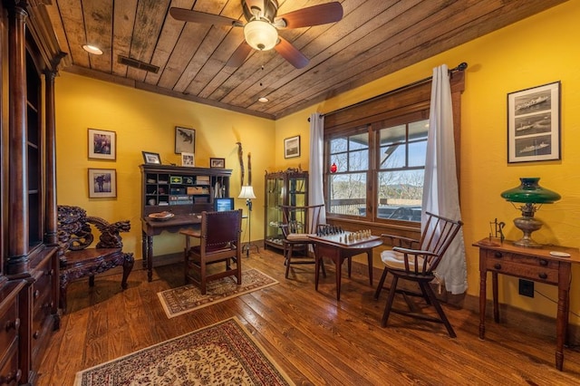 home office with wooden ceiling, ceiling fan, hardwood / wood-style floors, and visible vents