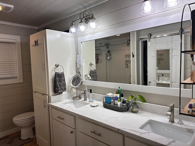 bathroom featuring wooden walls, a shower with shower door, vanity, wood ceiling, and toilet