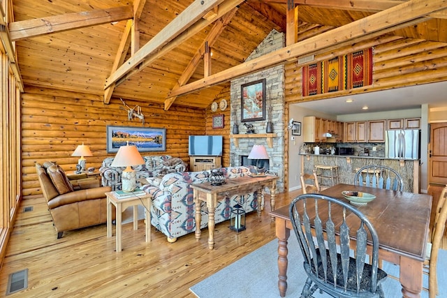 444 Wild Turkey, Tiger, GA 30576 - dining area featuring high vaulted ceiling, wooden ceiling, light wood-type flooring, beamed ceiling, and visible vents