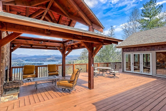 444 Wild Turkey, Tiger, GA 30576 - wooden deck featuring outdoor dining area, a mountain view, french doors, and a gazebo