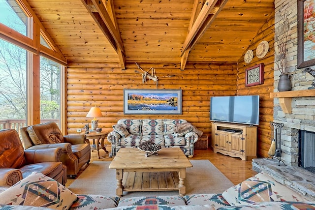 444 Wild Turkey, Tiger, GA 30576 - living area featuring wooden ceiling, vaulted ceiling with beams, wood-type flooring, and log walls
