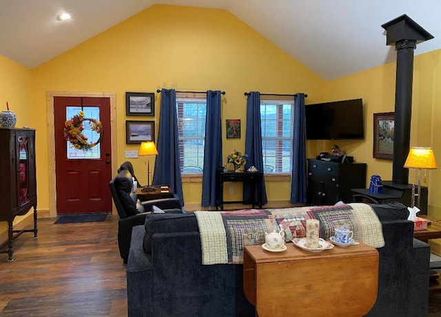 living room featuring lofted ceiling and dark wood-type flooring