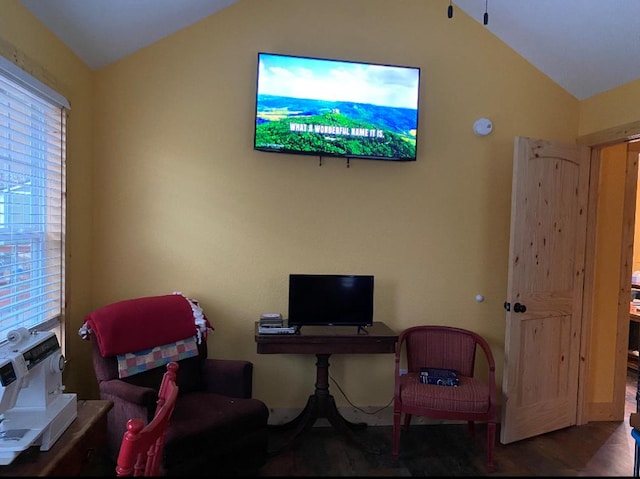 home office with lofted ceiling