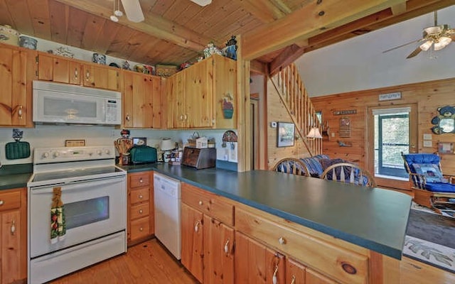 kitchen featuring white appliances, wood ceiling, beamed ceiling, wooden walls, and light wood-type flooring