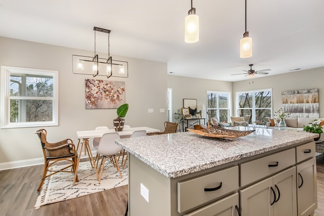 kitchen with open floor plan, a kitchen island, a healthy amount of sunlight, and wood finished floors