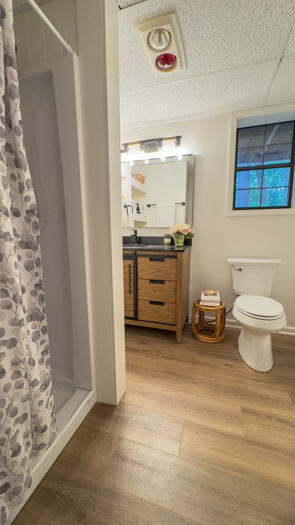 bathroom featuring hardwood / wood-style flooring, a drop ceiling, curtained shower, vanity, and toilet