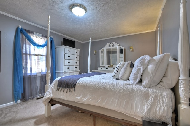 carpeted bedroom with crown molding and a textured ceiling