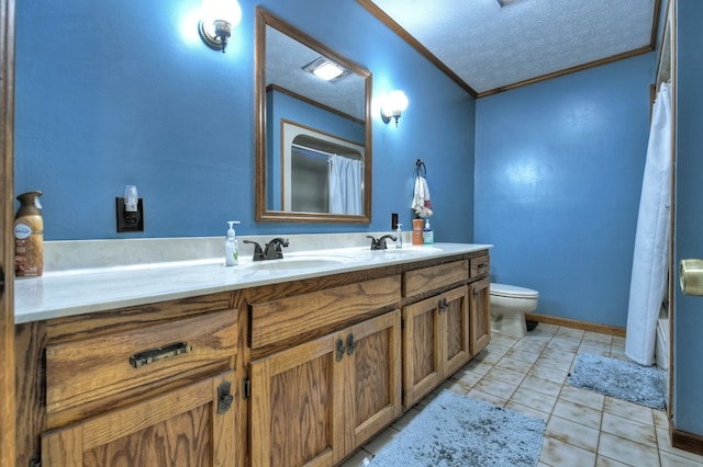 full bathroom with tile patterned flooring, ornamental molding, vanity, toilet, and a textured ceiling