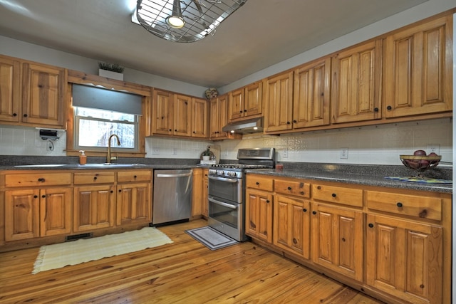 kitchen with decorative backsplash, stainless steel appliances, light hardwood / wood-style flooring, and sink