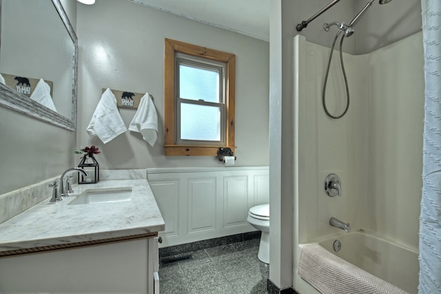 full bathroom featuring vanity, shower / bathtub combination, and toilet