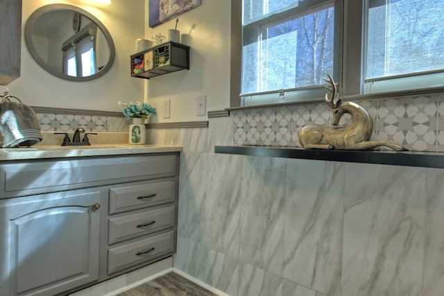 bathroom featuring hardwood / wood-style flooring, vanity, and a healthy amount of sunlight