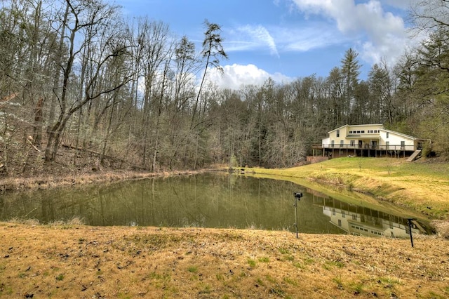 view of water feature featuring a forest view