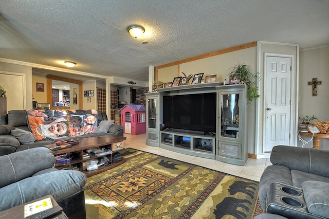 living area with crown molding, a textured ceiling, and light tile patterned flooring