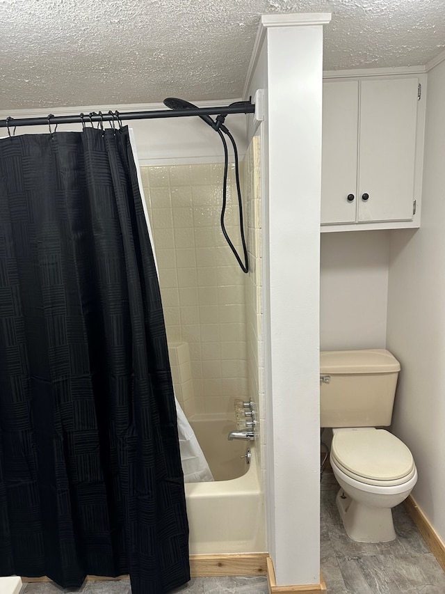 bathroom with shower / bath combination with curtain, toilet, and a textured ceiling