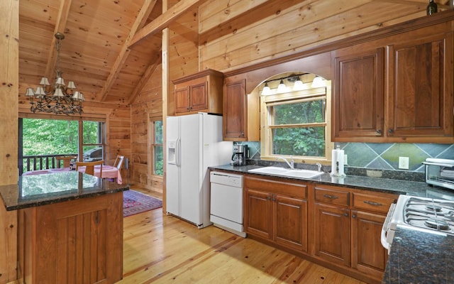 kitchen featuring sink, wood ceiling, lofted ceiling with beams, white appliances, and light hardwood / wood-style floors