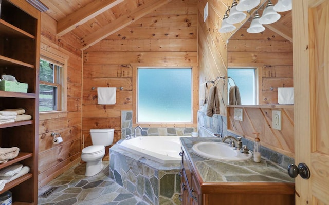 bathroom with toilet, vaulted ceiling with beams, wood ceiling, wood walls, and a tub