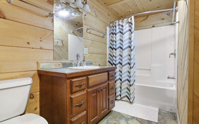 full bathroom featuring shower / tub combo with curtain, toilet, wood ceiling, vanity, and wooden walls