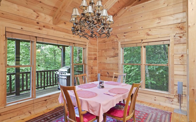 dining area featuring wood ceiling, wooden walls, and vaulted ceiling with beams