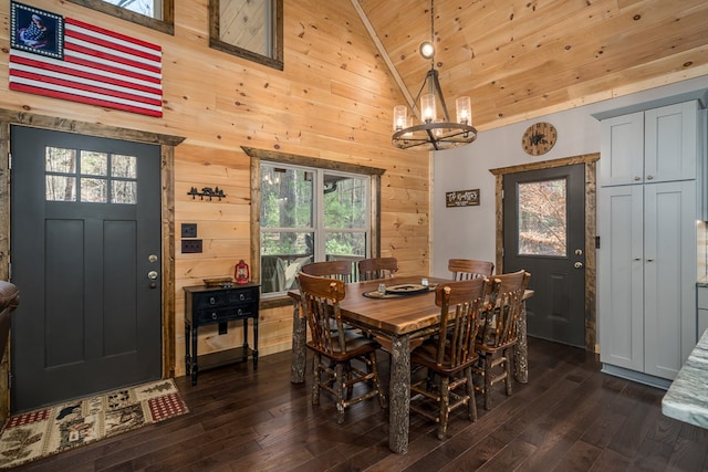 dining room with dark wood-type flooring, high vaulted ceiling, and a healthy amount of sunlight