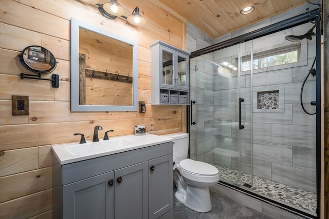 bathroom with vanity, wood walls, and toilet