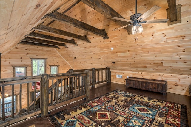 living area with ceiling fan, wooden ceiling, vaulted ceiling with beams, wood walls, and wood-type flooring