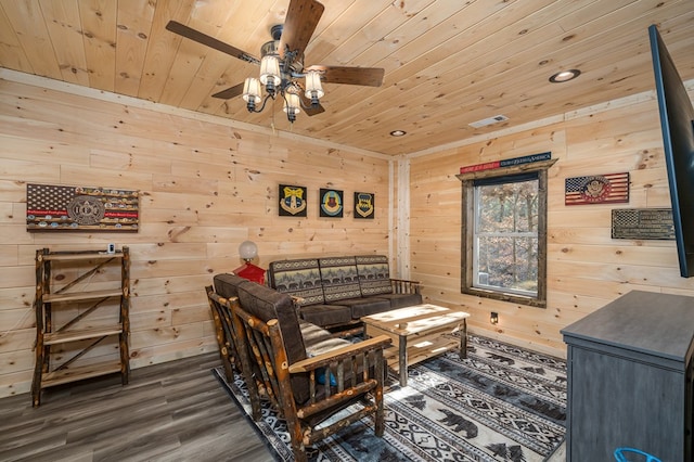 living room featuring ceiling fan, wooden walls, wooden ceiling, and dark hardwood / wood-style floors