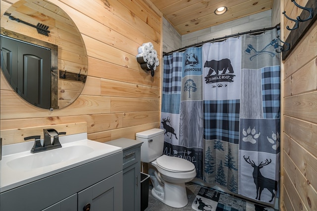 bathroom featuring vanity, wood walls, a shower with shower curtain, toilet, and wood ceiling