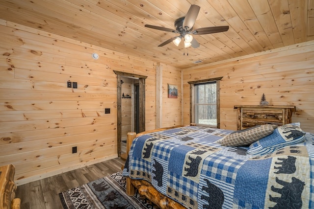 bedroom featuring ceiling fan, wooden walls, wood ceiling, and dark hardwood / wood-style floors