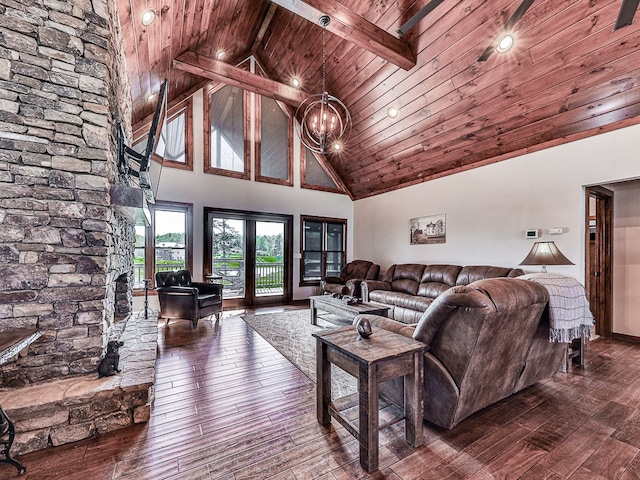 living room featuring high vaulted ceiling, dark wood-type flooring, and wooden ceiling