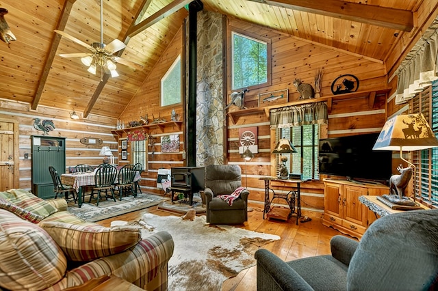 106 Butler Creek Rd, Cherry Log, GA 30522 - living area with a wooden ceiling with exposed beams, a wood stove, light wood finished floors, high vaulted ceiling, and a ceiling fan