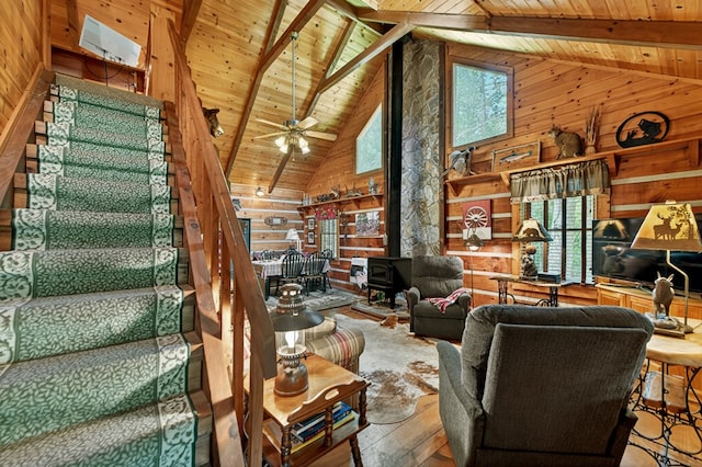 106 Butler Creek Rd, Cherry Log, GA 30522 - living area featuring a wood stove, a wooden ceiling with exposed beams, wood-type flooring, stairs, and high vaulted ceiling
