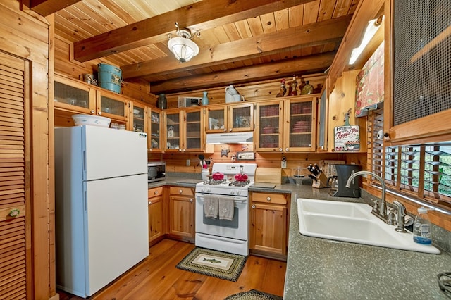 106 Butler Creek Rd, Cherry Log, GA 30522 - kitchen with white appliances, under cabinet range hood, light wood-style flooring, a wooden ceiling with exposed beams, and glass insert cabinets