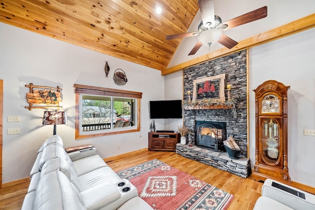 living room with wood ceiling, hardwood / wood-style flooring, ceiling fan, high vaulted ceiling, and a fireplace