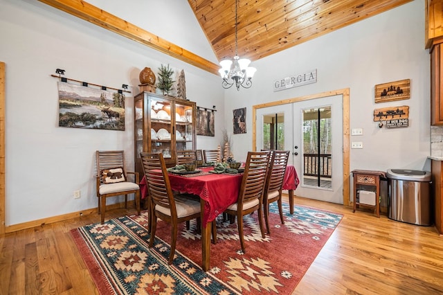 dining room featuring high vaulted ceiling, a chandelier, wooden ceiling, light wood-type flooring, and french doors