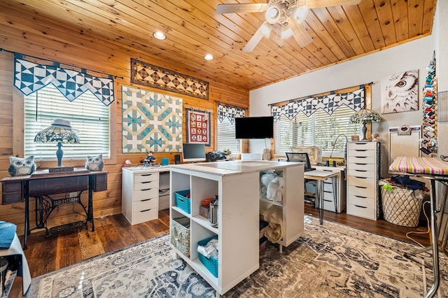 office space with wood ceiling, ceiling fan, wooden walls, and dark hardwood / wood-style flooring