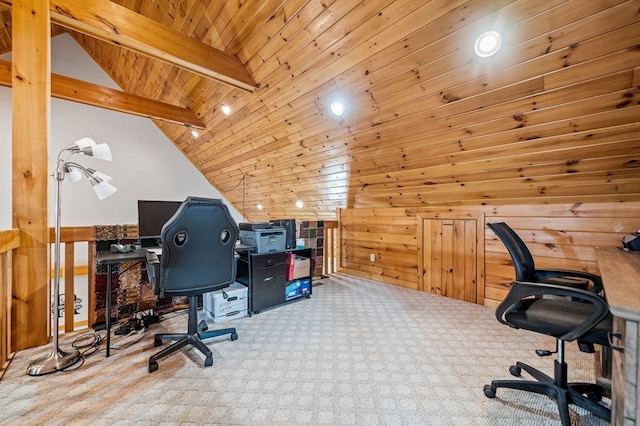 carpeted office with vaulted ceiling with beams, wooden walls, and wooden ceiling