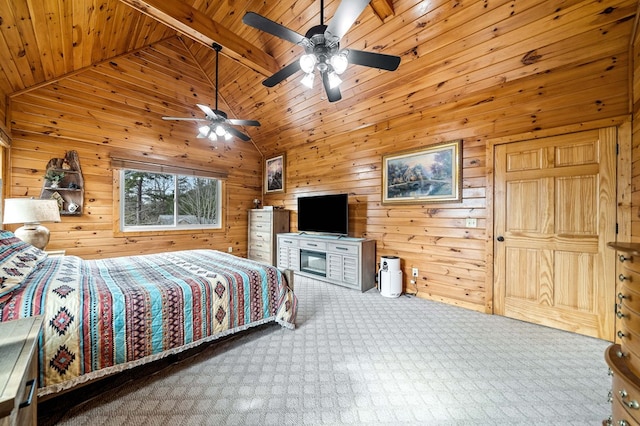 carpeted bedroom with high vaulted ceiling, wooden walls, and wooden ceiling