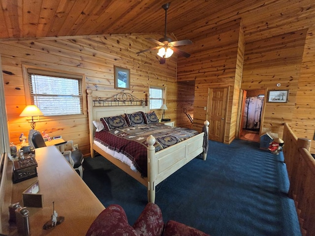 bedroom featuring ceiling fan, dark carpet, vaulted ceiling, wooden ceiling, and wood walls