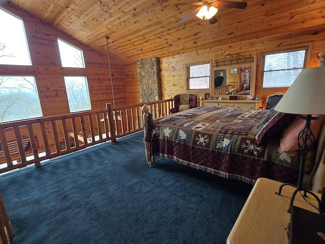 bedroom featuring wooden walls, lofted ceiling, dark colored carpet, ceiling fan, and wooden ceiling