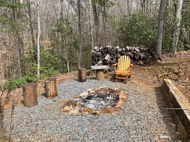 view of yard featuring a forest view and a fire pit
