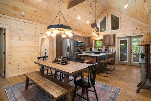 953 Lemmon Ln, Ellijay, GA 30540 - dining space featuring wooden ceiling, a chandelier, light wood-type flooring, high vaulted ceiling, and french doors