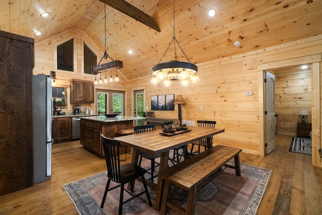 953 Lemmon Ln, Ellijay, GA 30540 - dining space with wood ceiling with exposed beams, light wood-style flooring, a chandelier, wooden walls, and high vaulted ceiling