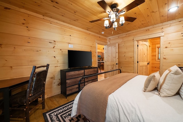 953 Lemmon Ln, Ellijay, GA 30540 - bedroom with wood ceiling, wooden walls, wood finished floors, and ceiling fan