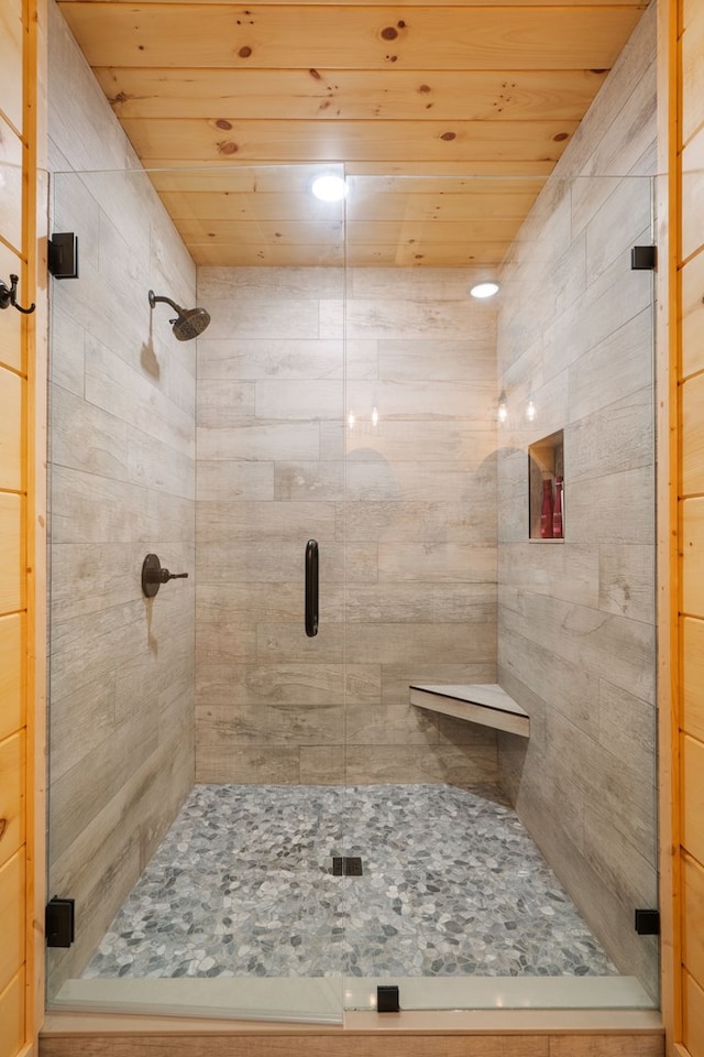 953 Lemmon Ln, Ellijay, GA 30540 - bathroom with a shower stall and wooden ceiling