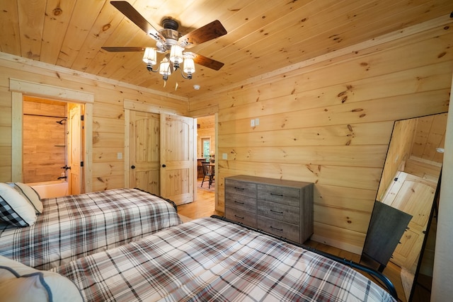 953 Lemmon Ln, Ellijay, GA 30540 - bedroom featuring wood walls, wood ceiling, light wood-style flooring, and a ceiling fan