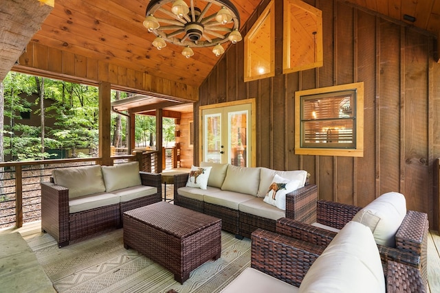 953 Lemmon Ln, Ellijay, GA 30540 - living area featuring wooden walls, high vaulted ceiling, and french doors